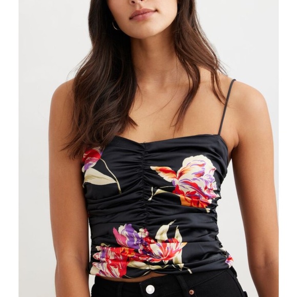 Dynamite Ruched Satin Cami crop top floral size S P black spaghetti straps NWOT - Picture 1 of 9
